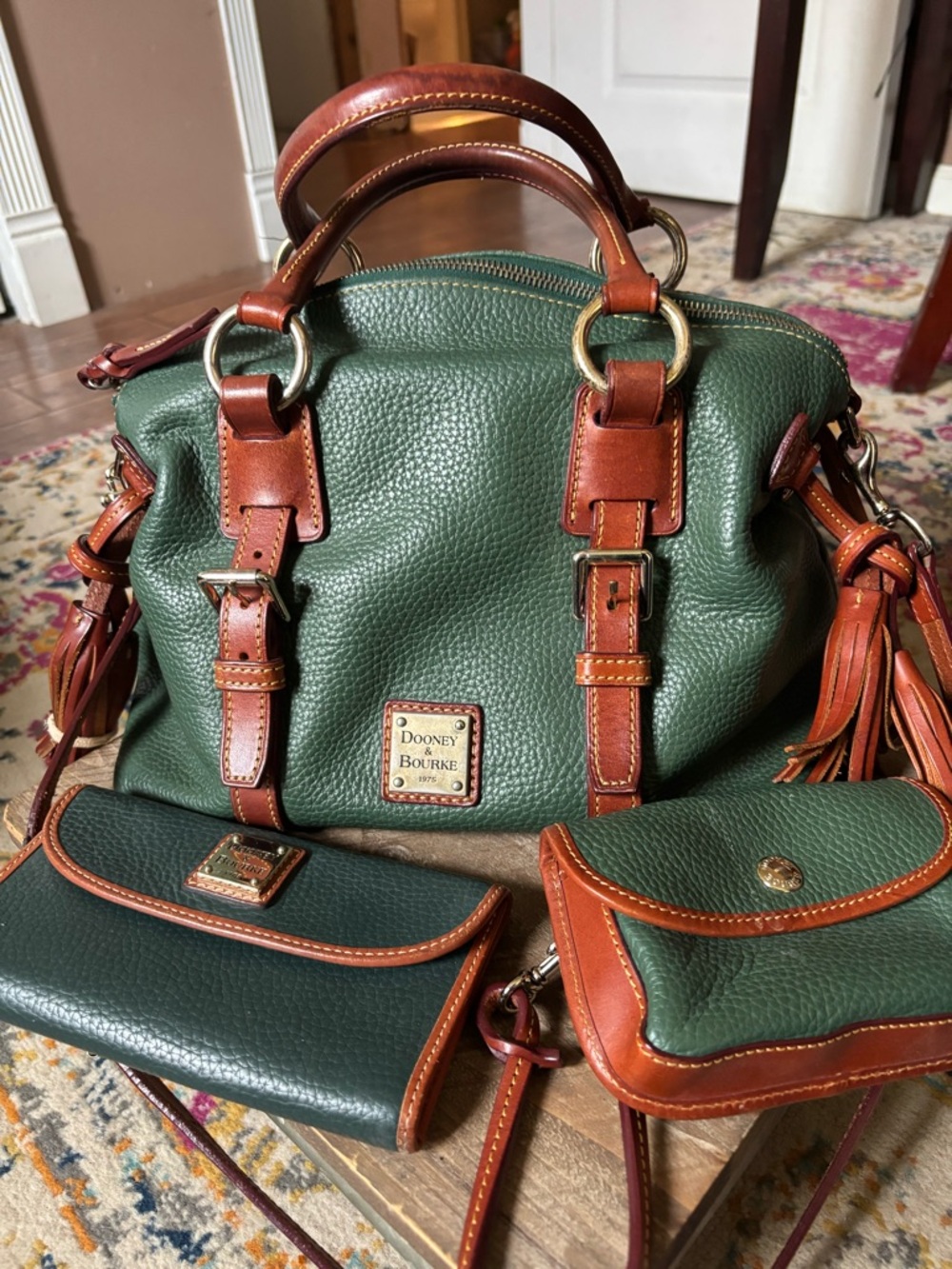 Dooney & Bourke Forest Green Pebbled Leather Satchel with Brown Trim and Tassels